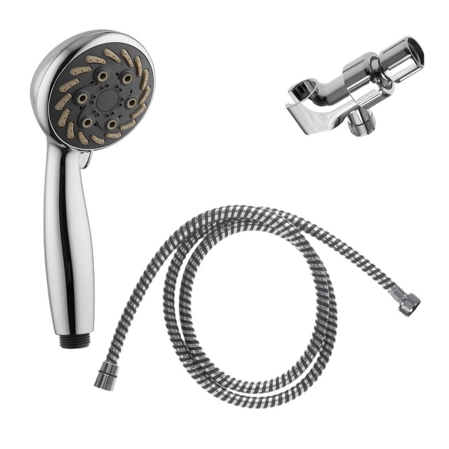 The akuaplus® - Kit 6 settings hand shower features a chrome round head with six spray settings and soft silica gel nozzles for easy lime removal, a flexible 59 in. PVC hose with brass fittings, and a chrome hand shower holder with flow regulator.