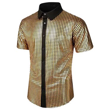 Pisexur Mens Shirts Sparkle Sequin Party Shirts Casual Button Down Short Sleeve Disco Tops Fashion Shiny Turndown Collar 70s Outfit Shirts