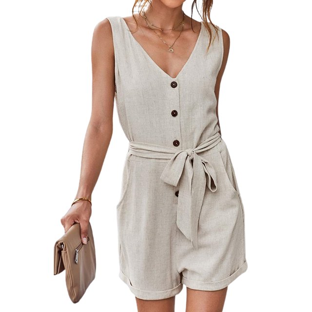 FOCUSNORM Summer Women Off-the-shoulder V-neck Solid Color Sleeveless Playsuit