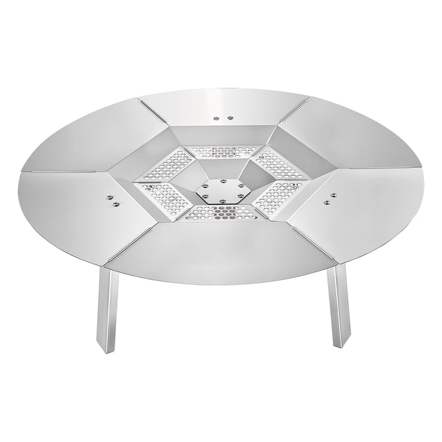 VEVOR Fire Pit Heat Deflector for Solo Stove Yukon 25 in Bonfire, made of 304 stainless steel with a round shape and a diameter of 25 inches. The deflector features a perforated center for even heat distribution and three sturdy legs for stability. Designed to enhance heating efficiency, it reduces vertical heat loss and protects surfaces from high temperatures. Suitable for outdoor cooking and bonfire gatherings, it is rust-resistant, heat-resistant, and easy to clean.