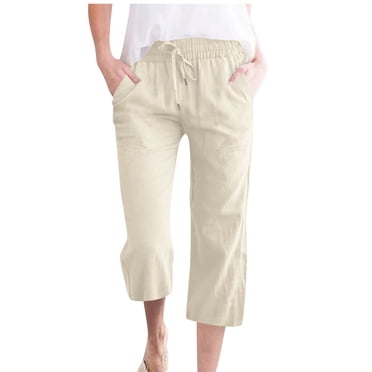 biudgviw Capri Pants for Women Plus Size Elastic High Waisted Straight Leg Cropped Cotton Linen Pants Summer Casual Trousers with Pockets