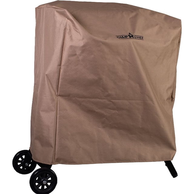 Patio Cover for Pursuit Pellet Grill in tan 600 Denier coated nylon with weather-resistant liner, measuring 30 in. x 18 in. x 32 in., covering a pellet grill with black wheels, designed to protect outdoor grills from weather and suitable for similar-sized outdoor equipment protection.