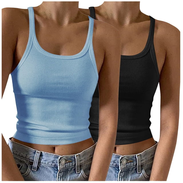 Timegard 2pc Tank Tops for Women Scoop Neck Ribbed Sleeveless Slim Crop Top Casual Going out Tops Camis
