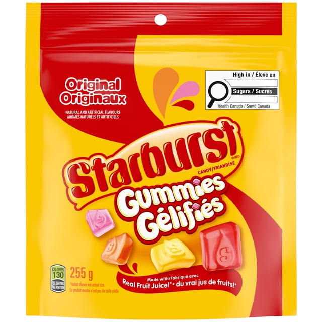 STARBURST Originaux Bonbons Gélifiés 255 g Sac Refermable Présentant des Bonbons Gélifiés Carrés Colorés aux Saveurs de Fraise, d'Orange, de Citron et de Cerise sur un Emballage Jaune et Rouge avec Texte Bilingue Anglais et Français et un Avertissement de Teneur en Sucre de Santé Canada, Idéal pour Partager et Grignoter.