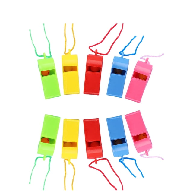Colorful Whistles 24pcs Plastic Whistles with ropes, featuring vibrant colors including green, yellow, red, blue, and pink. Ideal for cheering, referee use, sporting events, kids' parties, and festivals. Made of durable ABS material with a simple design, each whistle measures approximately 4.8x2x1.5cm.