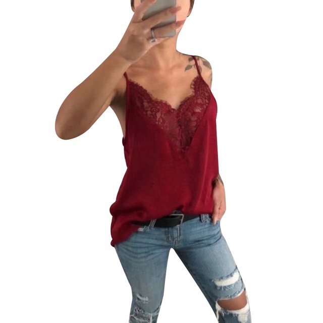 DYMADE Women Lace Patchwork V Neck Spaghetti strap Sexy Vest Top