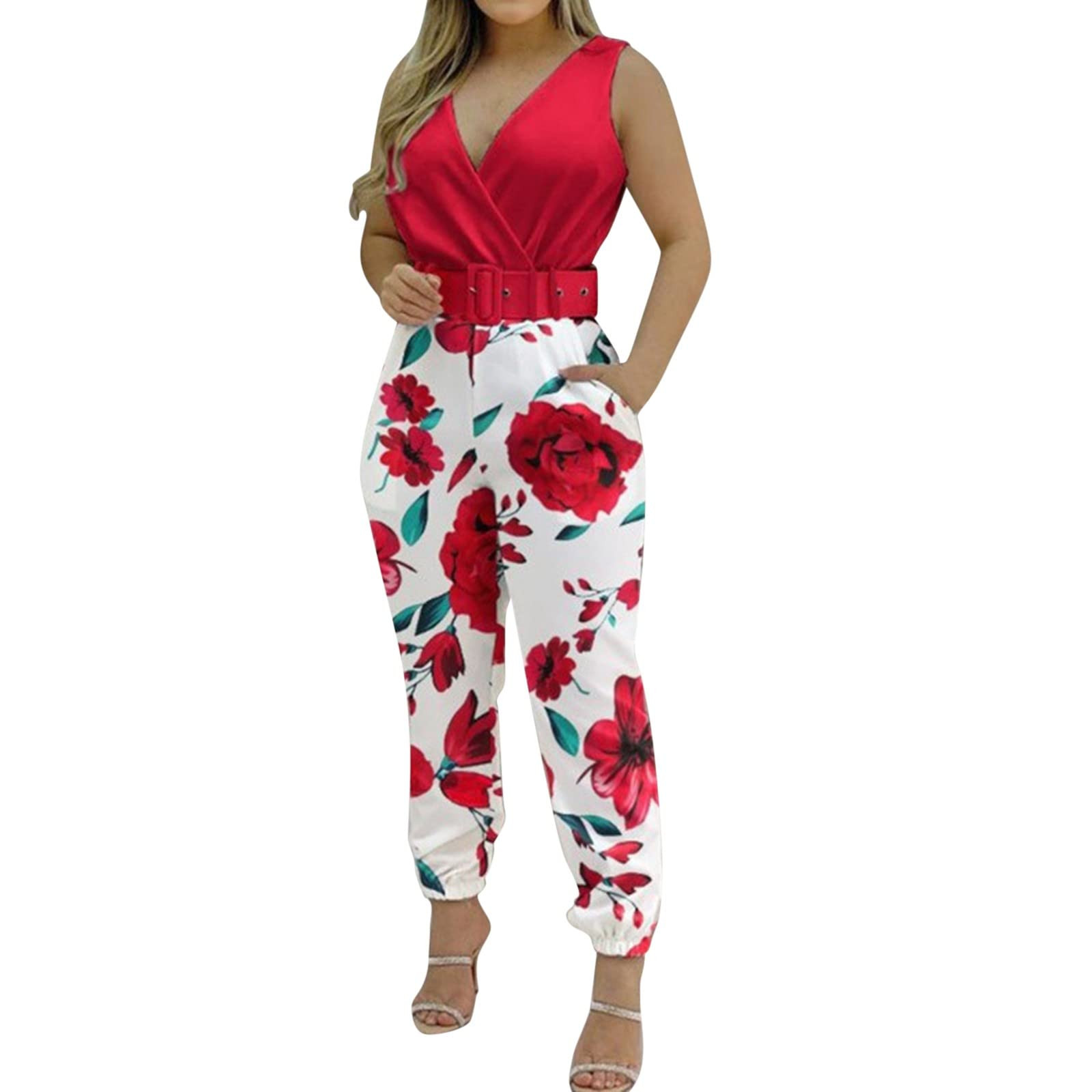 EQWLJWE Women's Plus Size Sleeveless Pocket Jumpsuit, Solid, Summer