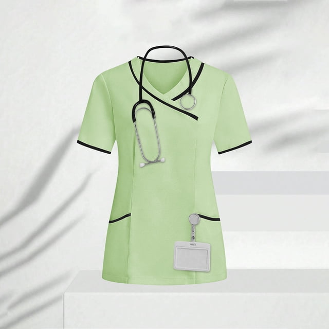 Hauts d'Uniformes de Sarraus - T-Shirt Tunique de Sarraus Léger et Extensible pour Femmes pour le Travail, Manches Courtes, Col en V, avec Poches, Vert m