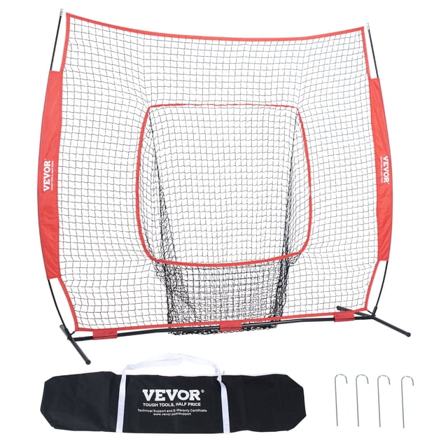 VEVOR Filet d'Entraînement de Baseball et de Softball 7 X 7 Pi avec Filet en polyester durable à Tissage Sans Nœud, Supporté par des Tiges en Fibre de Verre de 12,7 mm d'Épaisseur et une base en Acier au Carbone pour la Stabilité. Comprend un Sac de Rangement en Tissu Oxford 600D et Quatre Piquets de Sol Anti-Basculement pour la Portabilité et une Installation Sécuritaire. Idéal pour Frapper, Frapper au Bâton, Attraper et Lancer Lors de l'Entraînement Intérieur et Extérieur.