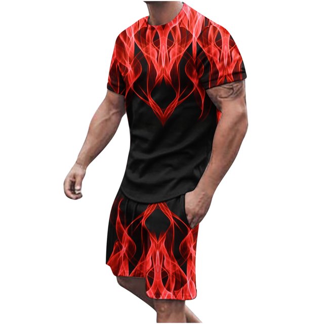 Men Print Short Sleeves Casual Beach Short Sleeve Round-Neck Blouses & Sets