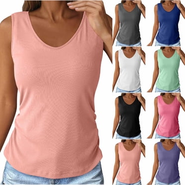 lcziwo Women's Tank Tops Built in Bra Summer Trendy Sleeveless Tops Solid Color V Neck Ribbed Shirts Holiday Sales Pink XXL