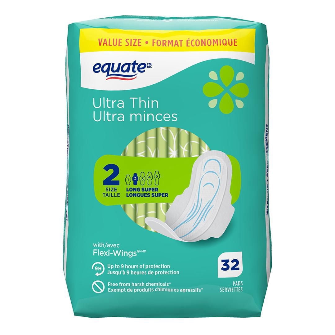 Serviettes ultra minces longues Equate ultra absorbantes avec Flexi-Wings, taille 2, 32 unités