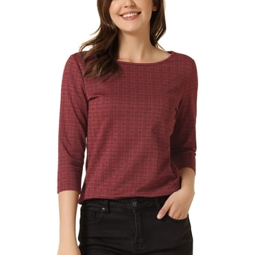 INSPIRE CHIC Women's Houndstooth Plaid Top 3/4 Sleeves Boat Neck Stretchy Wear-to-Work Blouse XL Red Plaid