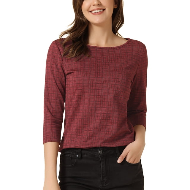 INSPIRE CHIC Haut à Carreaux Pied-de-Poule pour Femme en Carreaux Rouges, avec Manches 3/4, Encolure Bateau et Coupe Régulière. Fabriqué en Tissu Tricoté Épais et Extensible pour le Confort et la Chaleur. Conçu pour le Travail Ou les Sorties Décontractées, Assorti Ici avec un Pantalon Noir.
