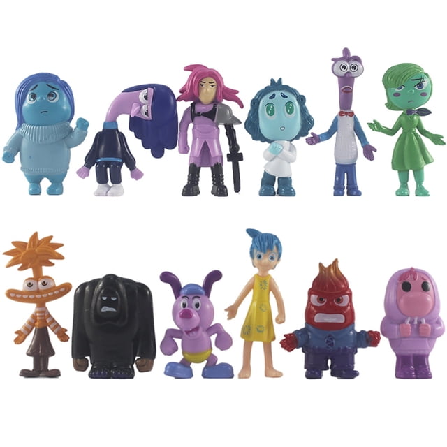 DJKDJL Animation Merch Action Figures set featuring 6 unique characters inspired by Inside Out 2. Each figure is crafted from high-quality PVC material, standing approximately 4.9 inches (13 cm) tall. The set includes vibrant, well-painted figurines with intricate details, suitable for collectors, fans, and children aged 5 and above. These action figures can be used as cake decorations, party favors, or display ornaments. The characters are arranged in two rows against a white background, showcasing their colorful designs and expressive features.