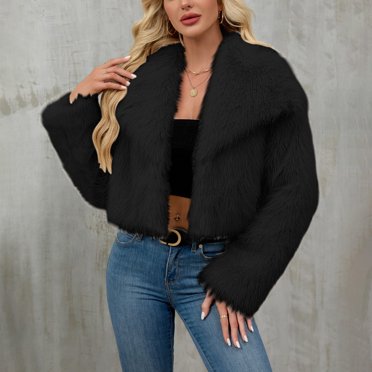 Veste Courte en Fausse Fourrure pour Femme, Manteau Court Peluche à Revers Cranté, Manteau en Molleton à Manches Longues, Haut Shaggy Chaud d'Hiver, Vêtement Décontracté d'Automne avec Poches Noir m
