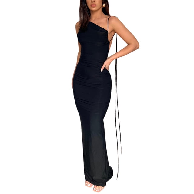 Women's Summer Bodycon Long Dress, Solid Color Slant Shoulder Drawstring Backless Ruched Detail Dress