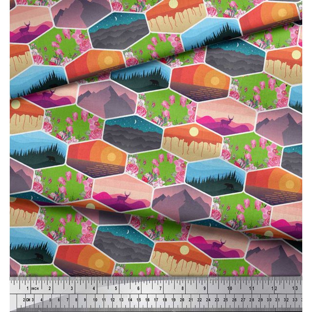 Soimoi Poly Georgette Fabric Floral & Geometric Patchwork Printed Craft Fabric by the Yard 52 Inch Wide