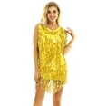 thumbnail image 3 of iEFiEL Robe Mini à Sequins Brillants à Franges pour Femmes en Faux Cuir Col en V Sans Manches Tenue de Danse Samba Or L, 3 of 6
