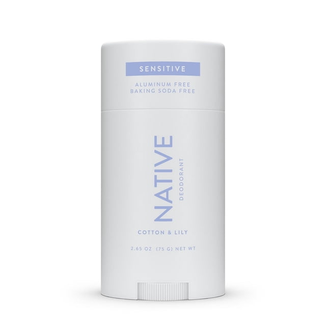 Native Sensitive Deodorant Cotton & Lily aluminum free deodorant stick in white packaging with light blue text, 2.65 oz (75 g), paraben and baking soda free, providing effective long-lasting odor protection ideal for sensitive skin.