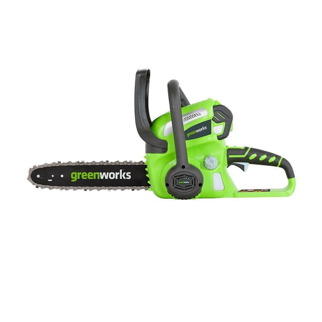 Greenworks 40V 12-Inch Cordless Chainsaw with green body and black 12-inch Oregon bar and chain, featuring tool-less chain tensioning, automatic oiler with translucent oil tank, and wrap-around handle for multiple cutting positions, battery and charger not included