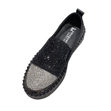 hopeusnice Liquidation Espadrilles à Enfiler pour Femmes avec Strass Mocassins à Paillettes en Diamant Chaussures Plates Confortables Chaussures de Marche Respirantes Légères Noir 35