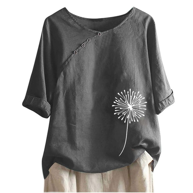 Pompotops Femmes Manches 1/2 Décontracté Col Rond Imprimé Ample Tunique à Boutons Chemise Blouse Hauts Liquidation