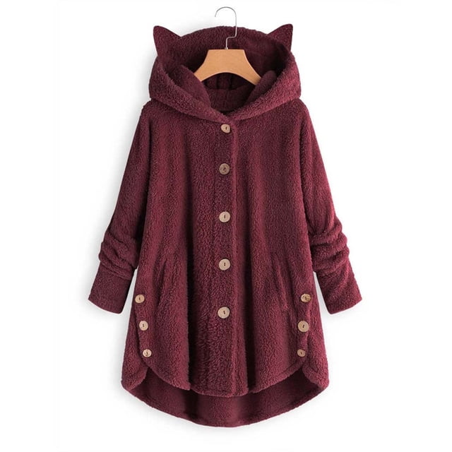 PVCS Women's Keep Warm Button Down Cardigan Hoodies Cat Ears Irregular Plush Solid Hooded Coat Tops