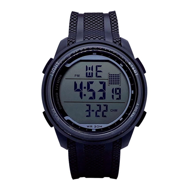 George Mens Digital Watch with a round black case and textured black PU strap, showing time, date, and day on a large digital display, featuring backlight, stopwatch, alarm, and 30-meter water resistance, ideal as a simple sports watch.