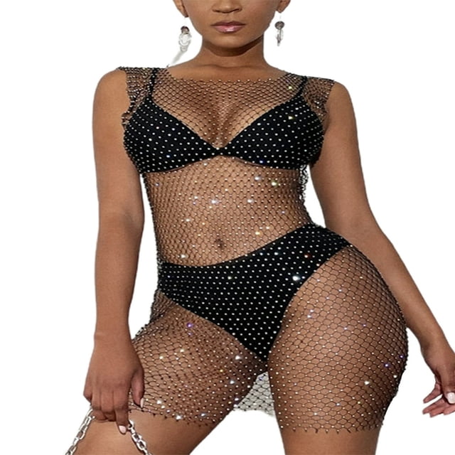 Robe de Plage Sans Manches à Paillettes en Résille pour Femmes, Maillot de Bain d'Été