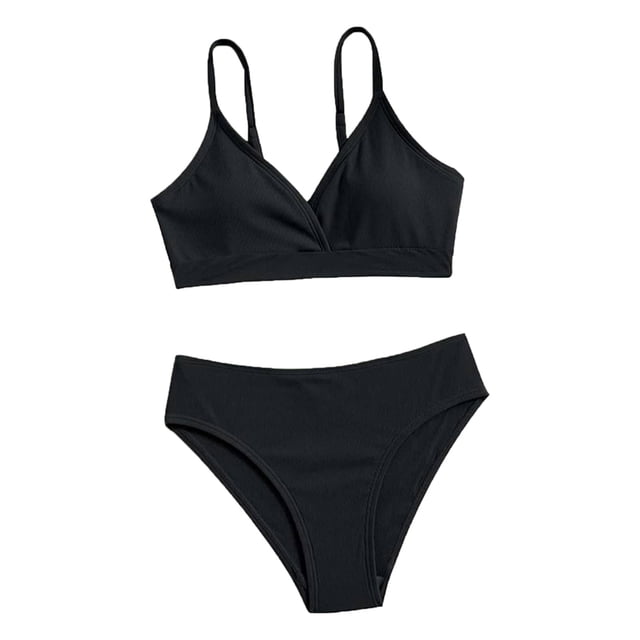 MIASHUI Girls Swimsuit Bikini Set Bathing Suits Two Piece Solid Color Swimwear Bathing Suit,Black,8-10 Years