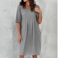 thumbnail image 1 of Robes en Coton et Lin Grande Taille pour Femmes à Manches Courtes d'Été, Robe Midi Plissée avec Poches, 1 of 6