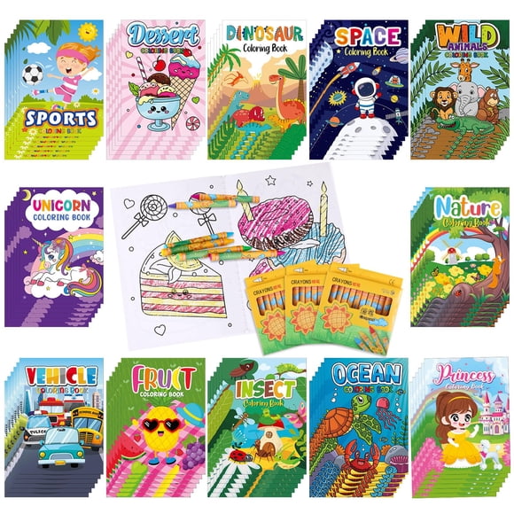Spakon 144 Pcs Coloring Book with Crayon for Kids Bulk Dinosaur Animal Unicorn Space Maze Mini Coloring Book for Kids Toddler Ages 3-10 Birthday Kind