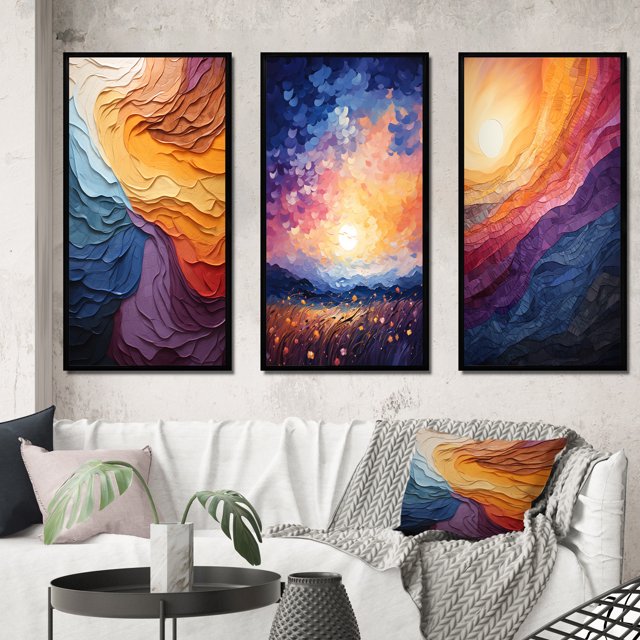 Designart "Lyrical Sunset Yellow Orange Abstraction II" Abstract Framed Wall Art Set Of 3 - Yellow Lyrical Abstraction Frame Gallery Set For Office Decor