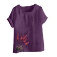 thumbnail image 4 of Pisexur Hauts pour Femmes Décontractés en Lin Col Rond Grande Taille Imprimé Manches Courtes T-shirt Blouse, Hauts d'Été pour Femmes Violet,G, 4 of 5