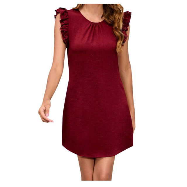 AherBiu Robes pour Femmes 2024 Robe Courte Droite Sans Manches à Volants aux Épaules Basique Mignonne Mini Robes