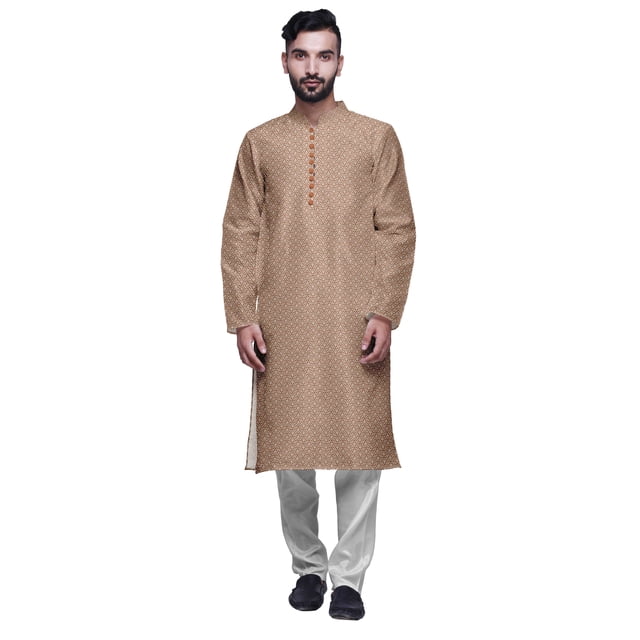 Atasi Printed Mens Kurta & White Churidar Pyjama Set Mandarin Neck Ethnic Wear