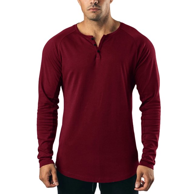 FAROOT Men's Spring Autumn Casual T-shirt in solid burgundy color, featuring long sleeves, a crewneck, and a button-down closure. This men's top is made from 95% cotton and 5% spandex for comfort and breathability. Ideal for casual wear, layering, or outdoor activities during cooler seasons.