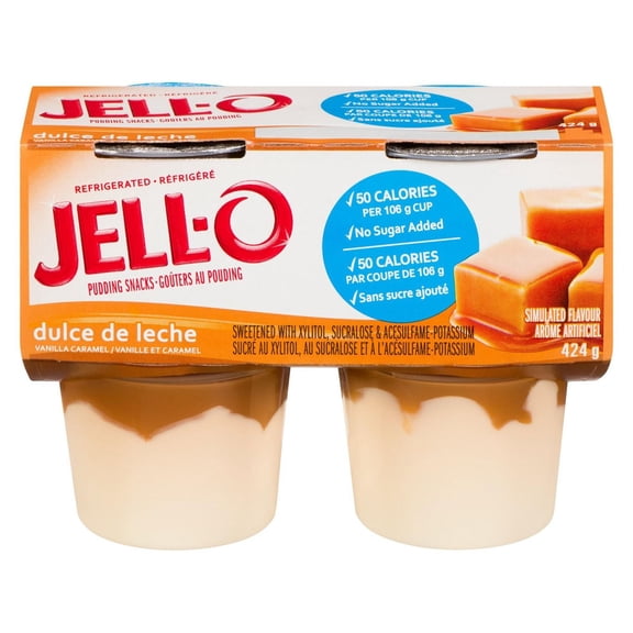 Jell-O Dulce de Leche Sans Sucre Ajouté Prêt à Manger Réfrigéré Coupes de Pouding Collation, Coupes, Sans Caséine, 4x106g