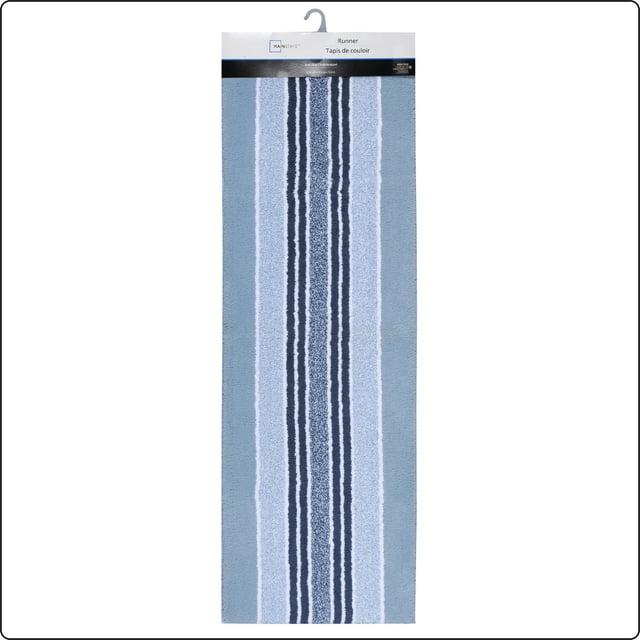 MAINSTAYS TUFTED RUNNER 20-inch by 60-inch runner rug with plush microfiber pile in muted blue and gray heathered stripes, featuring non-slip rubber backing for secure footing and machine washable fabric, suitable for hallways, kitchens, and entryways, often used as a cozy bathroom mat.