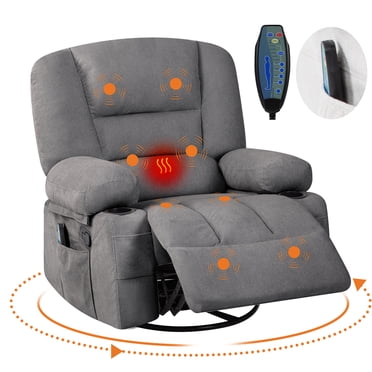 Oversized Chenille Swivel Recliner with Heat and Massage, Extra Wide 360°Rotating Manual Recliner Chair with Cup Holders and Side Pocket for Living Room, Bedroom and Nursery