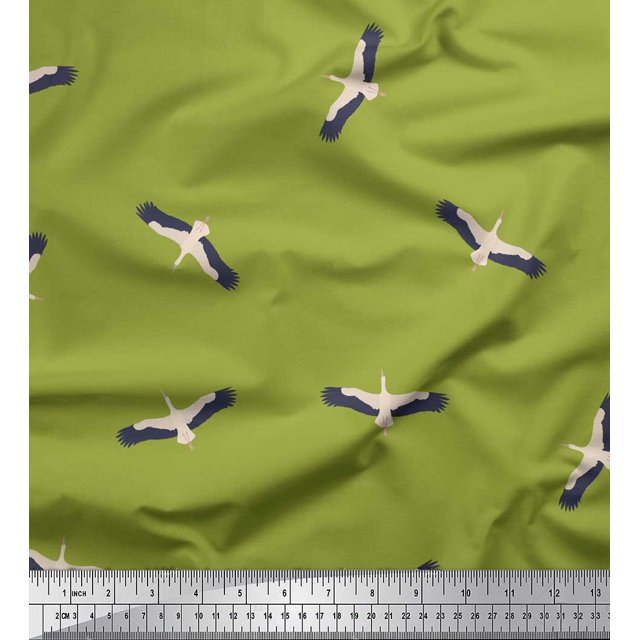 Soimoi Green Poly Georgette Fabric Flying Stork Bird Print Fabric by Yard 52 Inch Wide