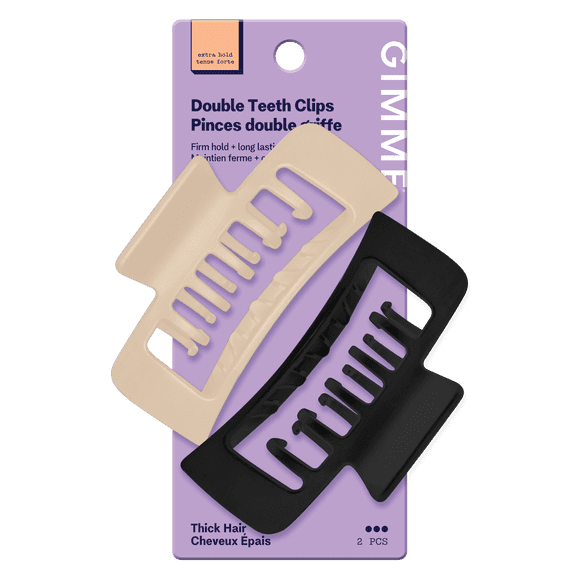 Gimme Beauty Double Teeth Claw Clip for Thick Hair, Black and Tan, 2 Count