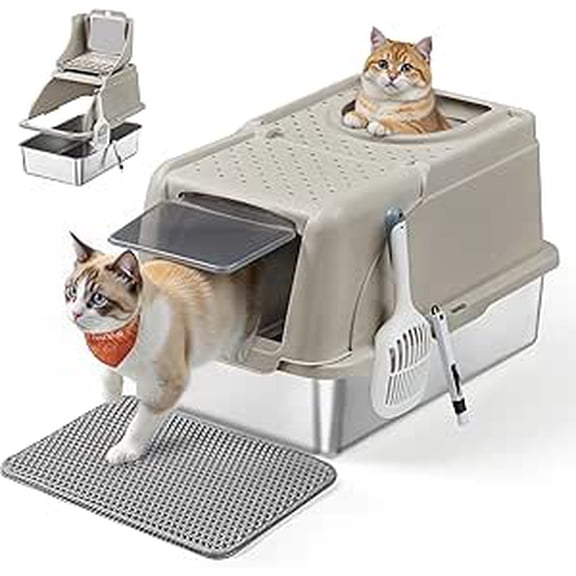 Feandrea Stainless Steel Cat Litter Box with Flip Lid, XL Enclosed Litter Box for Cats up to 15 kg, with Leak-Proof Design, Scoop, Brush, Dual Entry