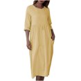 thumbnail image 1 of Ersazi Robe Décontractée pour Femmes, Printemps, Couleur Unie, Manches Trois-Quarts, Col Rond, Coupe Ample, avec Poches, en Liquidation, Jaune, TTG, 1 of 8