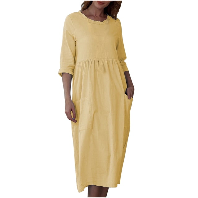 Ersazi Robe Décontractée pour Femmes, Printemps, Couleur Unie, Manches Trois-Quarts, Col Rond, Coupe Ample, avec Poches, en Liquidation, Jaune, TTG