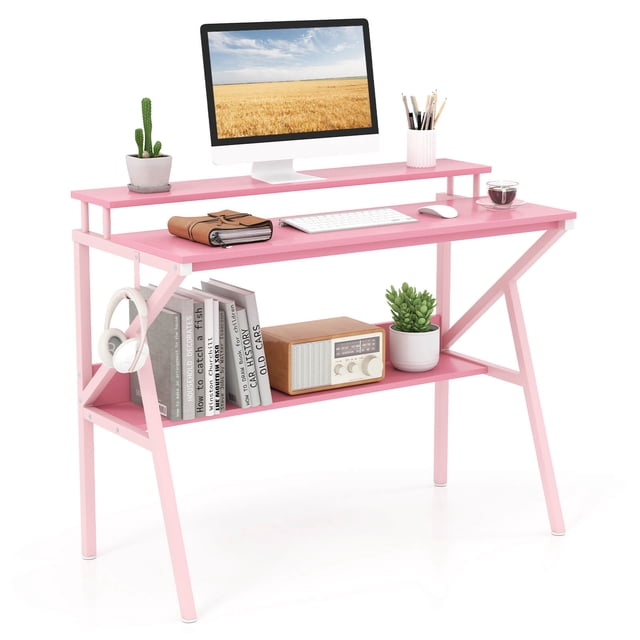 Costway Home Office Desk with Monitor Stand, Open Shelf & Metal Frame, Earphone Hook Pink