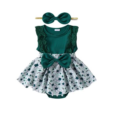 EYIIYE Barboteuse-Robe Irlandaise pour Bébés Filles, Nouveau-Né, Combinaison-Robe à Manches en Dentelle, Trèfle à Quatre Feuilles, Imprimé à Carreaux, Col Ras du Cou, Robe Justaucorps, Patchwork Côtelé, nd Petite Fille Mignonne, Vêtements Décontractés Quotidiens