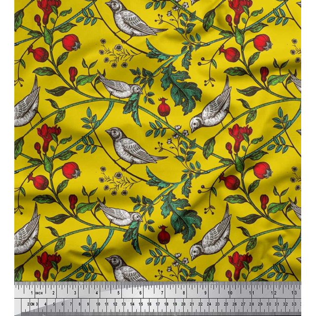 Soimoi Poly Georgette Fabric Bird & Leaf Bird Printed Craft Fabric by the Yard 52 Inch Wide