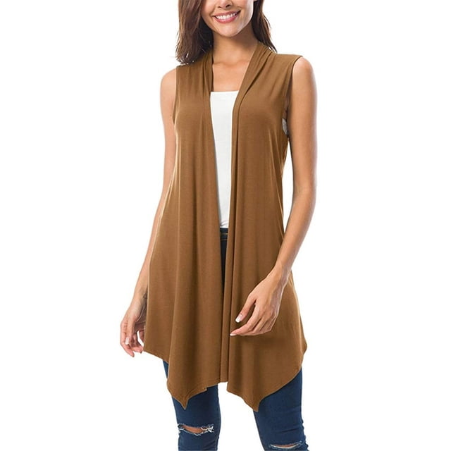 Cardigan Sans Manches Femme Été Léger Ouvert Doux Drapé Long Gilet Duster Ourlet Asymétrique